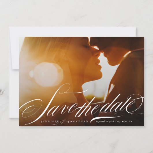 Klassieke Elegante Navy Blauwe Calligrafie QR Code Save The Date (Voorkant)