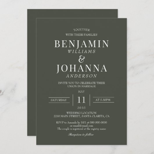 Klassieke Elegante Olijfgroene bruiloft Kaart (Voorkant / Achterkant)