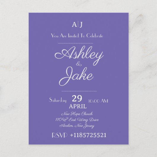 Klassieke Elegante Paarse Trouw Uitnodigingskaart Briefkaart (Voorkant)