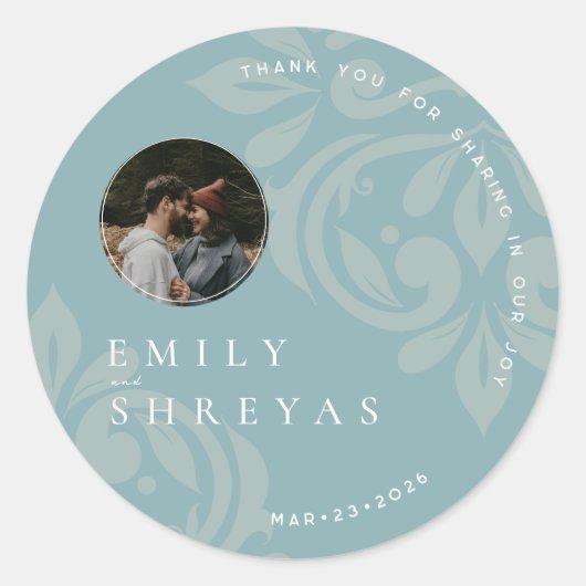 Klassieke Elegante Pewter Blue Damask Fotobruiloft Ronde Sticker (Voorkant)