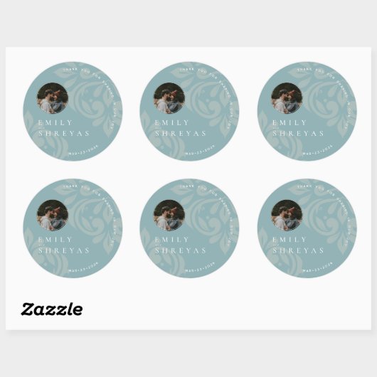 Klassieke Elegante Pewter Blue Damask Fotobruiloft Ronde Sticker (Vel)