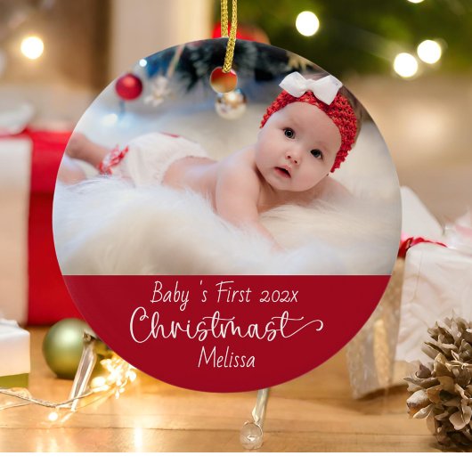 Klassieke Elegante Rode Baby's Eerste Kerstfoto Keramisch Ornament
