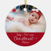 Klassieke Elegante Rode Baby's Eerste Kerstfoto Keramisch Ornament (Voorkant)
