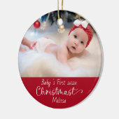 Klassieke Elegante Rode Baby's Eerste Kerstfoto Keramisch Ornament (Links)