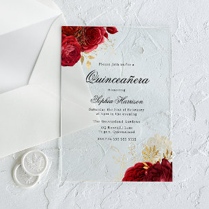 Klassieke Elegante Rode Roos & Gouden Quinceanera Acryl Uitnodigingen