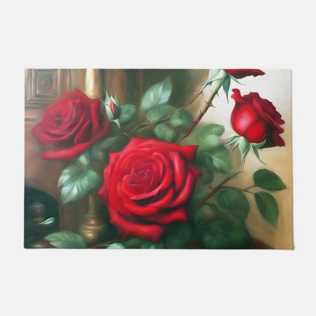 Klassieke Elegante Rode Rozen Kunst Deurmat (Voorkant)