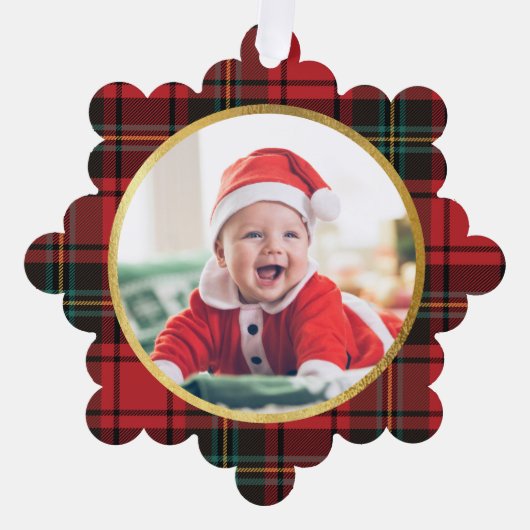 Klassieke Elegante Rode Tartan Plaid Foto Kerstmis Ornament Kaart (Voorkant)