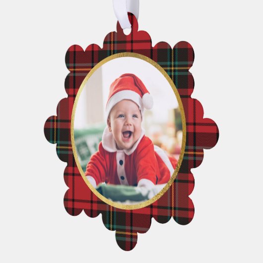Klassieke Elegante Rode Tartan Plaid Foto Kerstmis Ornament Kaart (Links)