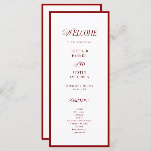 Klassieke Elegante Rode Trouwprogramma's (Voorkant / Achterkant)