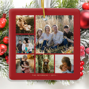 Klassieke elegante rood goud 6 foto collage keramisch ornament