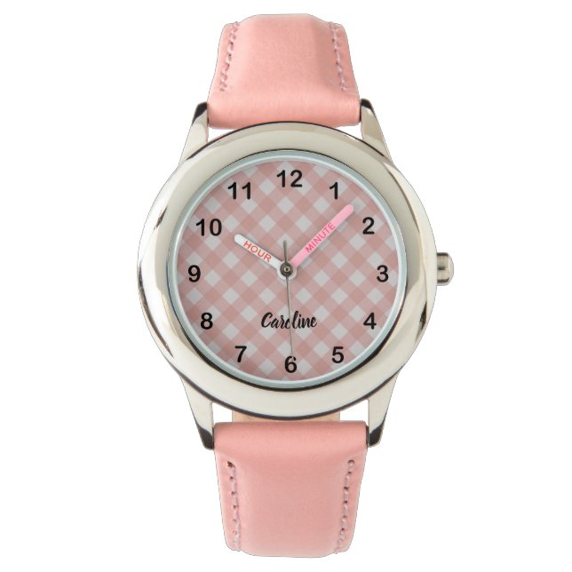 Klassieke Elegante Roze Gingham Plaid & Aangepaste Horloge (Voorkant)