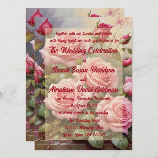 Klassieke Elegante Roze Rozen Bruiloft Uitnodiging (Voorkant / Achterkant)