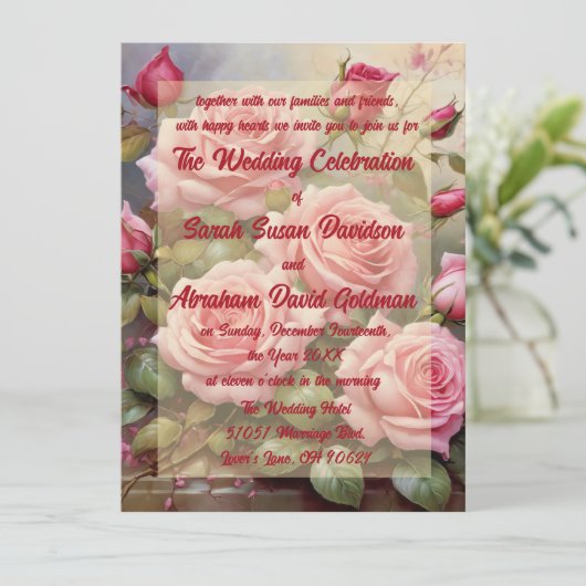 Klassieke Elegante Roze Rozen Bruiloft Uitnodiging (Staand voorkant)