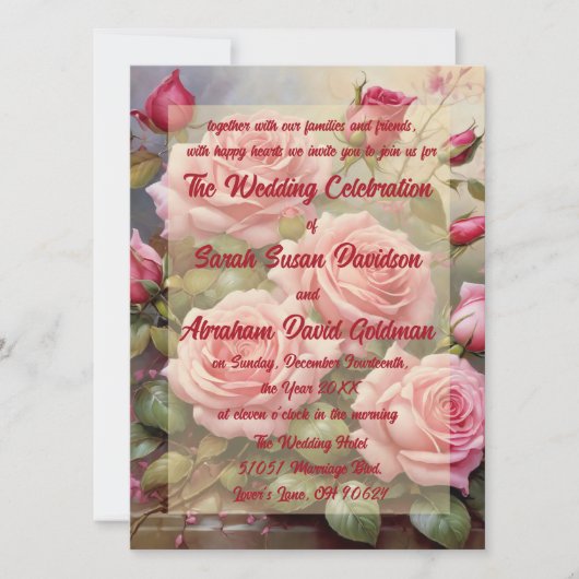 Klassieke Elegante Roze Rozen Bruiloft Uitnodiging (Voorkant)