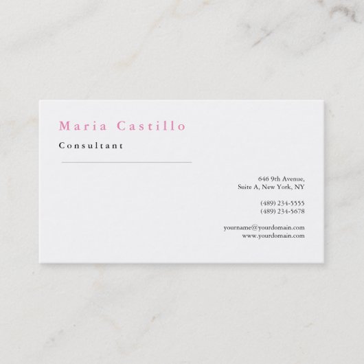 Klassieke elegante roze witte minimumplaat visitekaartje (Voorkant)