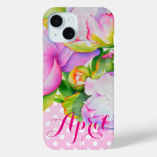 Klassieke elegante roze witte pioen bloemige polka iPhone 15 case