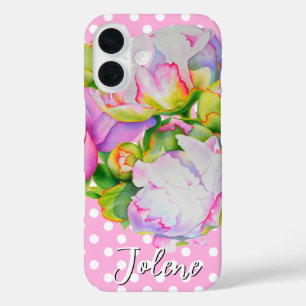 Klassieke elegante roze witte pioen bloemige polka iPhone 16 hoesje