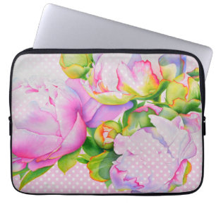 Klassieke elegante roze witte pioen bloemige polka laptop sleeve