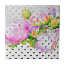 Klassieke elegante roze witte pioen bloemige polka tegeltje