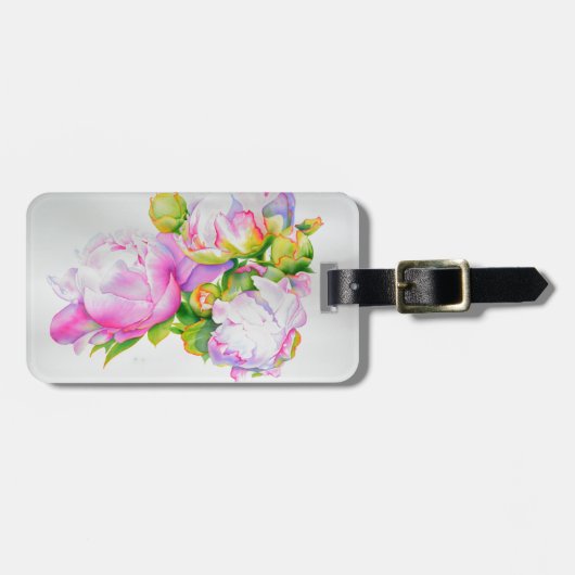 Klassieke elegante roze witte pioen florale waterv bagagelabel (Voorkant horizontaal)