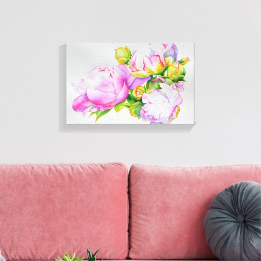 Klassieke elegante roze witte pioen florale waterv canvas afdruk (Insitu (Woonkamer))
