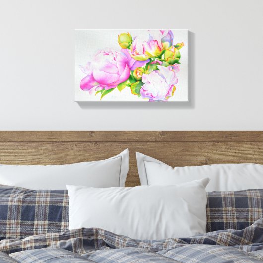 Klassieke elegante roze witte pioen florale waterv canvas afdruk (Insitu (Slaapkamer))