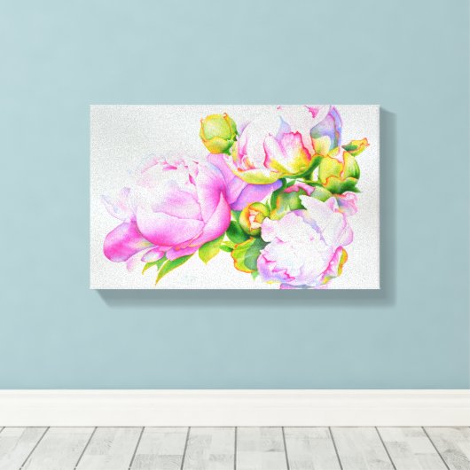 Klassieke elegante roze witte pioen florale waterv canvas afdruk (Insitu (Houten vloer))