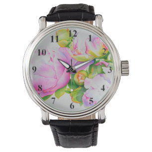 Klassieke elegante roze witte pioen florale waterv horloge