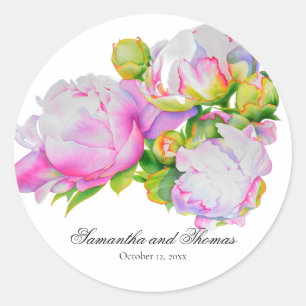 Klassieke elegante roze witte pioen florale waterv ronde sticker