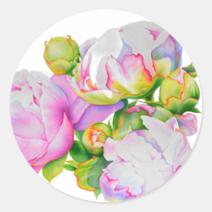 Klassieke elegante roze witte pioen florale waterv ronde sticker