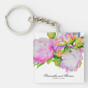 Klassieke elegante roze witte pioen florale waterv sleutelhanger