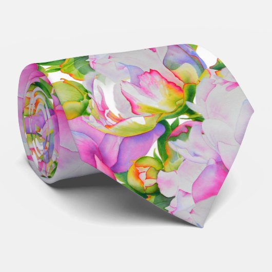 Klassieke elegante roze witte pioen florale waterv stropdas (Opgerold)