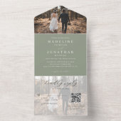 Klassieke Elegante Sage Groen 2 Foto QR Code Bruil All In One Uitnodiging (Binnen)