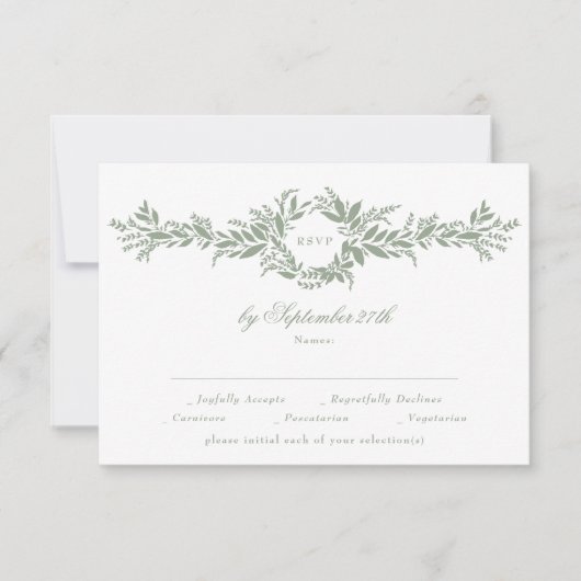 Klassieke Elegante Sage Groene Bladerige krans bru RSVP Kaartje (Voorkant)