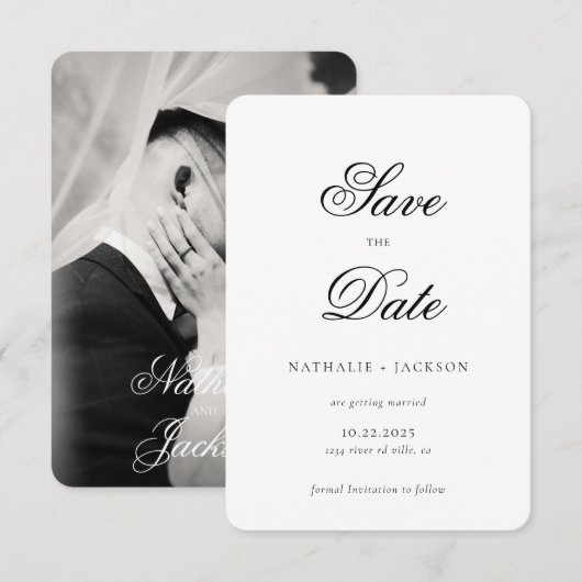 Klassieke Elegante Scriptie Foto Bruiloft Save the Date (Voorkant / Achterkant)