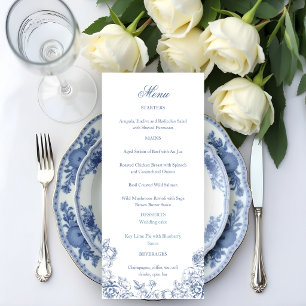 Klassieke Elegante Stofblauwe Bloemige Bruiloft Menu