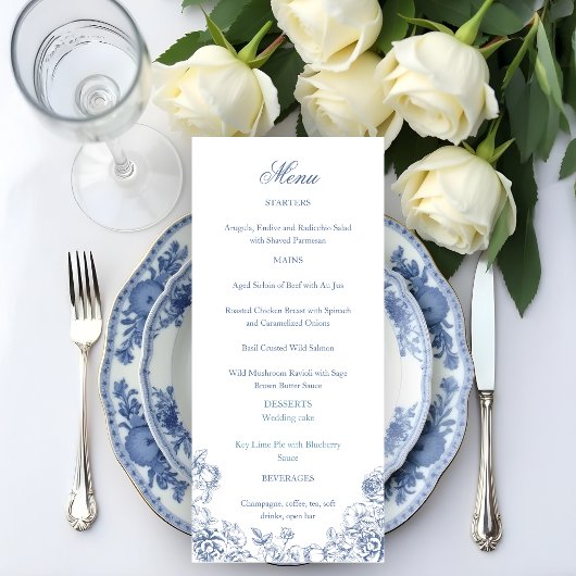 Klassieke Elegante Stofblauwe Bloemige Bruiloft Menu