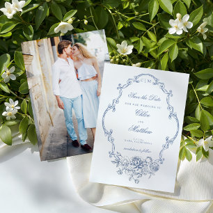 Klassieke Elegante Stofblauwe Bloemrijke Frame Bru Save The Date