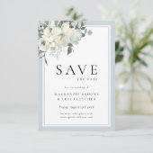 Klassieke Elegante Stoffige Blauwe Bloemen Save The Date (Staand voorkant)