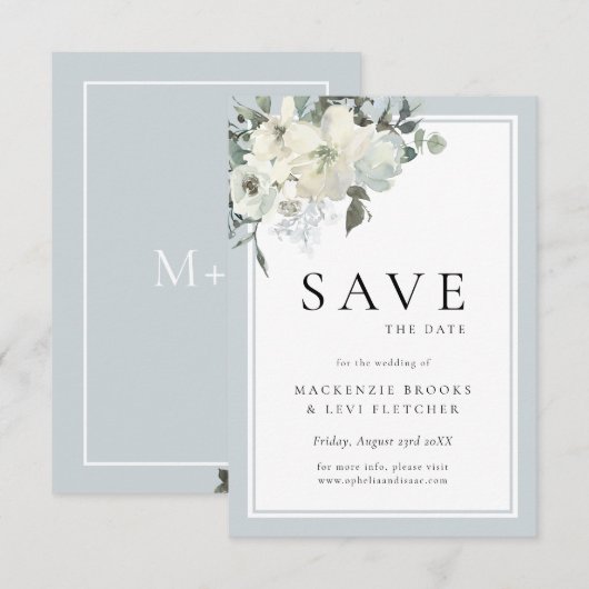 Klassieke Elegante Stoffige Blauwe Bloemen Save The Date (Voorkant / Achterkant)