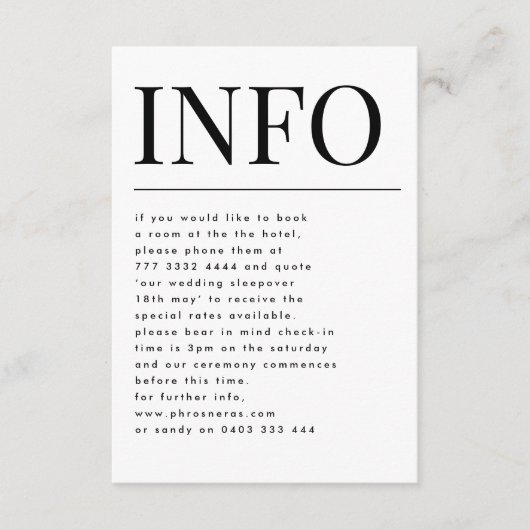 Klassieke Elegante Vette Grote INFO Bruiloft Detai Informatiekaartje (Voorkant)