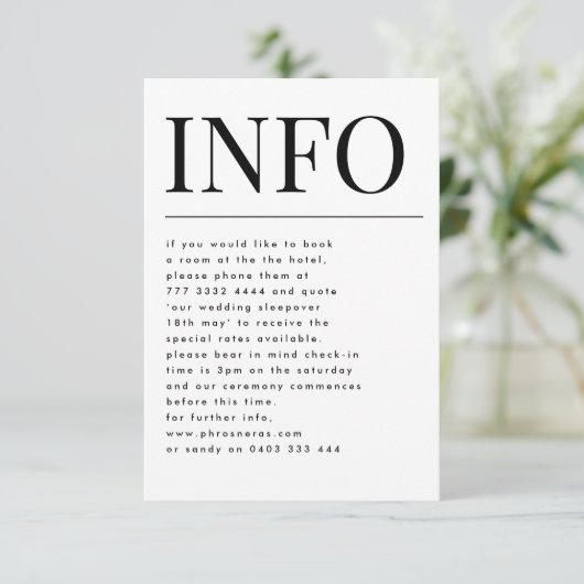 Klassieke Elegante Vette Grote INFO Bruiloft Detai Informatiekaartje (Staand voorkant)
