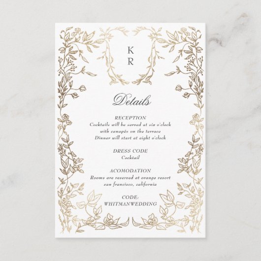 Klassieke Elegante Wapen Monogram Trouwreceptie Informatiekaartje (Voorkant)