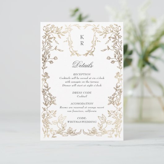 Klassieke Elegante Wapen Monogram Trouwreceptie Informatiekaartje (Staand voorkant)