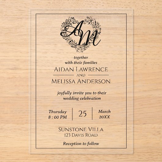 Klassieke Elegante Zwart Minimalistische Bruiloft Acryl Uitnodigingen (Voorkant)