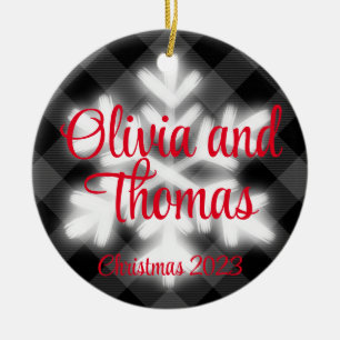 Klassieke elegante Zwart wit geruite sneeuwvlok Keramisch Ornament