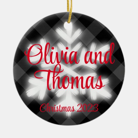 Klassieke elegante Zwart wit geruite sneeuwvlok Keramisch Ornament (Voorkant)