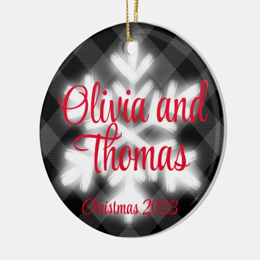 Klassieke elegante Zwart wit geruite sneeuwvlok Keramisch Ornament (Links)