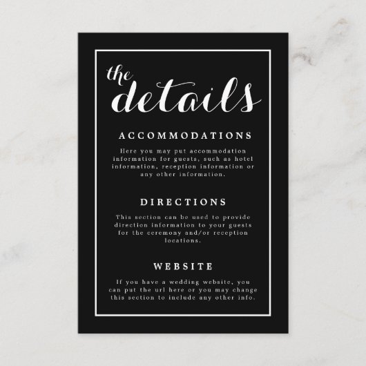 Klassieke Elegante Zwart & Wit Huwelijk Informatiekaartje (Voorkant)