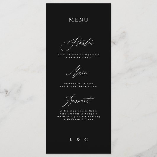 Klassieke Elegante Zwart Wit Kalligrafie Bruiloft Menu (Voorkant)